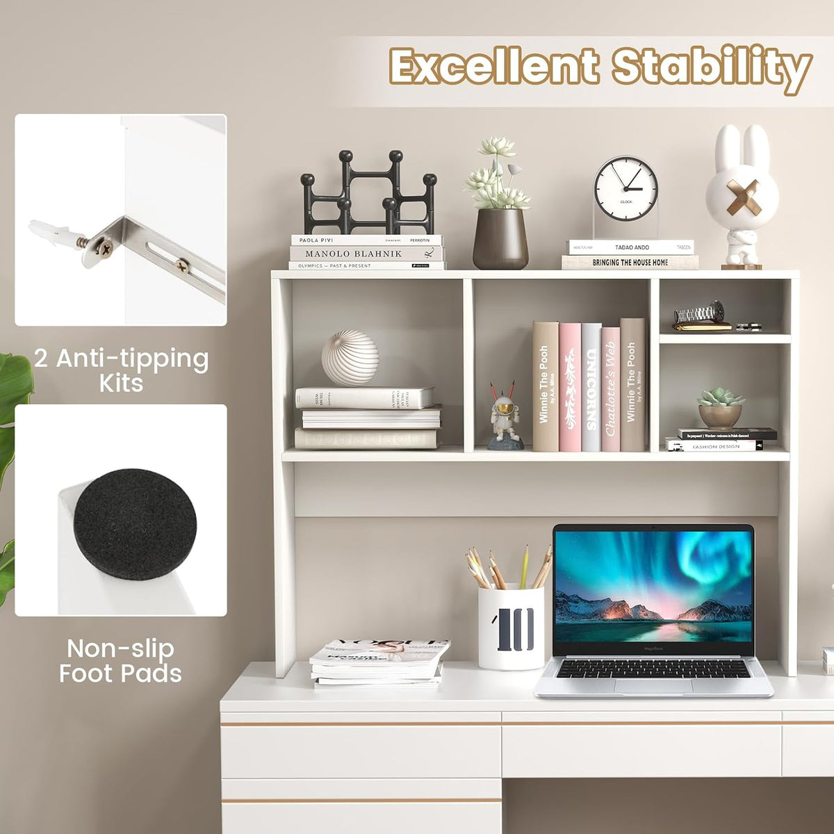 GOFLAME Desk Hutch Dorm White, 4 Cubes Desktop Bookshelf, 37” Wood Tabletop Storage Organizer Shelf for Computer Monitor, Modern Countertop Display Hutch, Home Office, Study