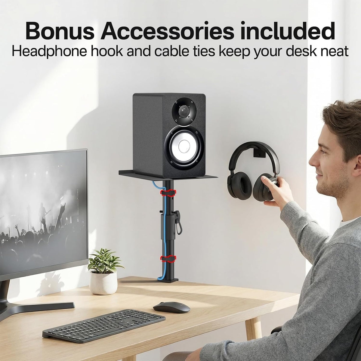 Clamp-On Desktop Speaker Stand Pair, Heavy-Duty 9.3" x 8.9 Plate for Edifier, KRK, Klipsch, Yamaha, Samsung HW-Q Series, Height&Angle Adjustable Bookshelf Speaker Stands, Built-in Cable Management