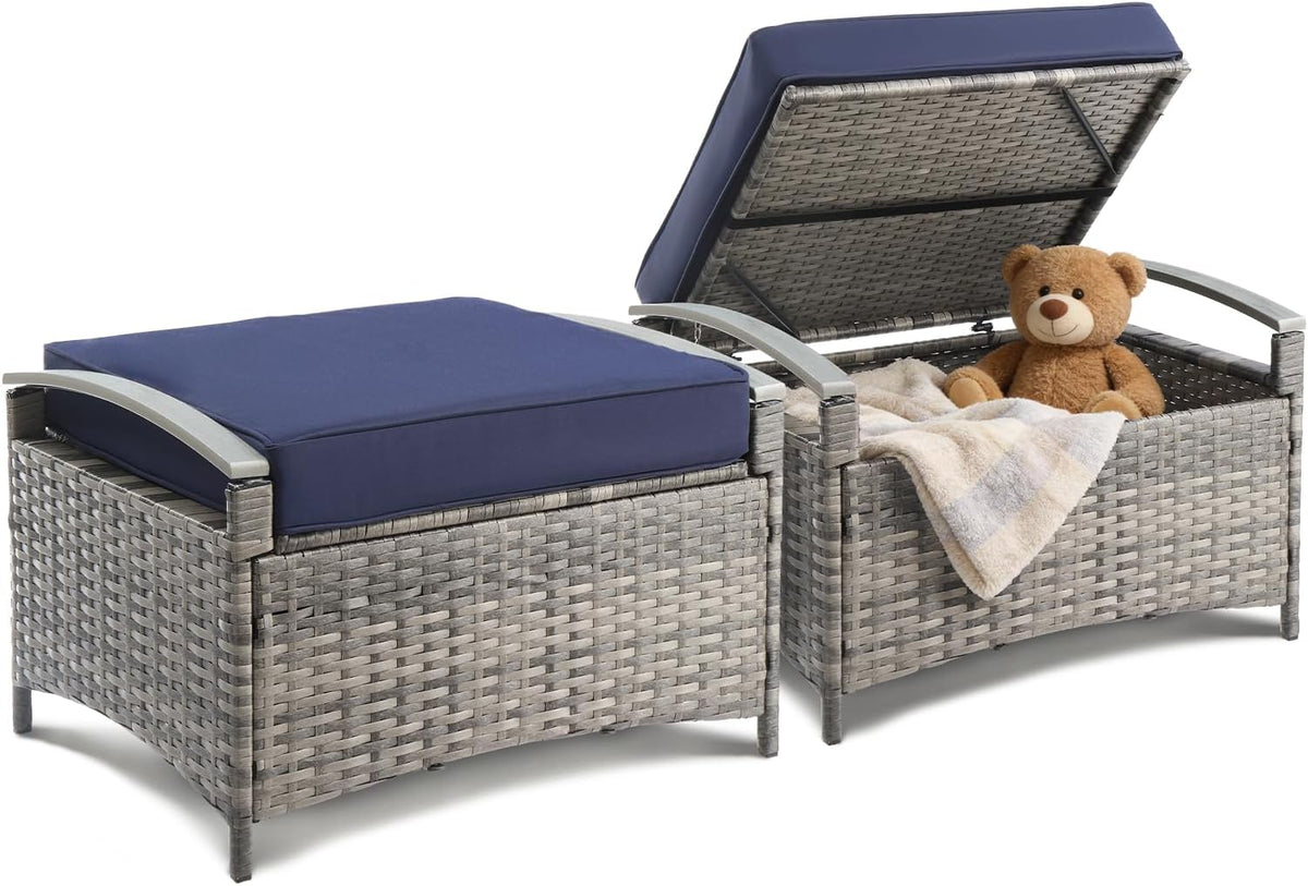 VINGLI 2 Pieces Rattan Ottoman with Storage, Wicker Patio Furniture w/Removable Cushion, Multipurpose Footrest Stool for Outdoor (Classic Gray)