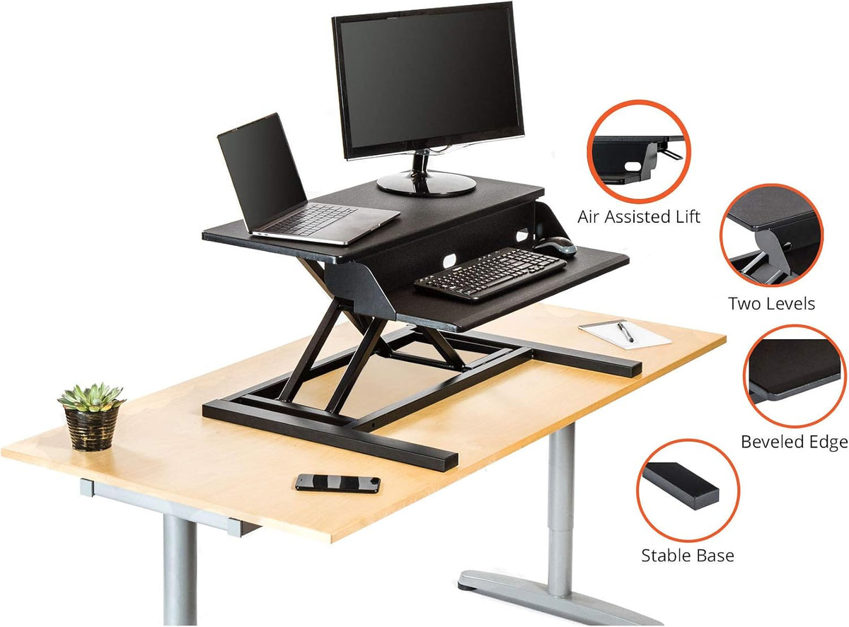 Stand Up Desk Store AirRise Pro Two Tier Standing Desk Converter Monitor Stand with Built-in Keyboard Tray (Black, 32" Wide)