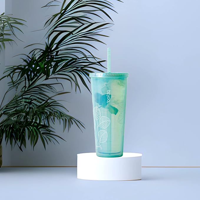 bzyoo 24oz Plastic Tumbler Cup, Lid & Straw, Iced Coffee, Pearl Green Leaf