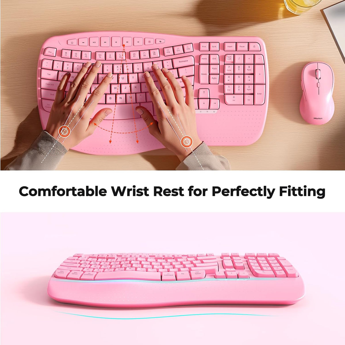 MEETION Ergonomic Wireless Keyboard and Mouse Combo with Wave Keys, Pink