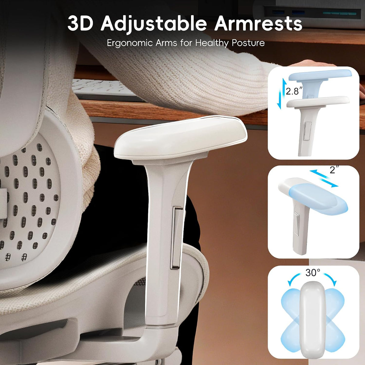 Vonesse Ergonomic Office Chair with Footrest, Desk Chairs with Dynamic Lumbar Support & Adjustable Depth Breathable Mesh Seat, Computer Gaming Chair with Adjustable 3D Headrest and Armrests (White)