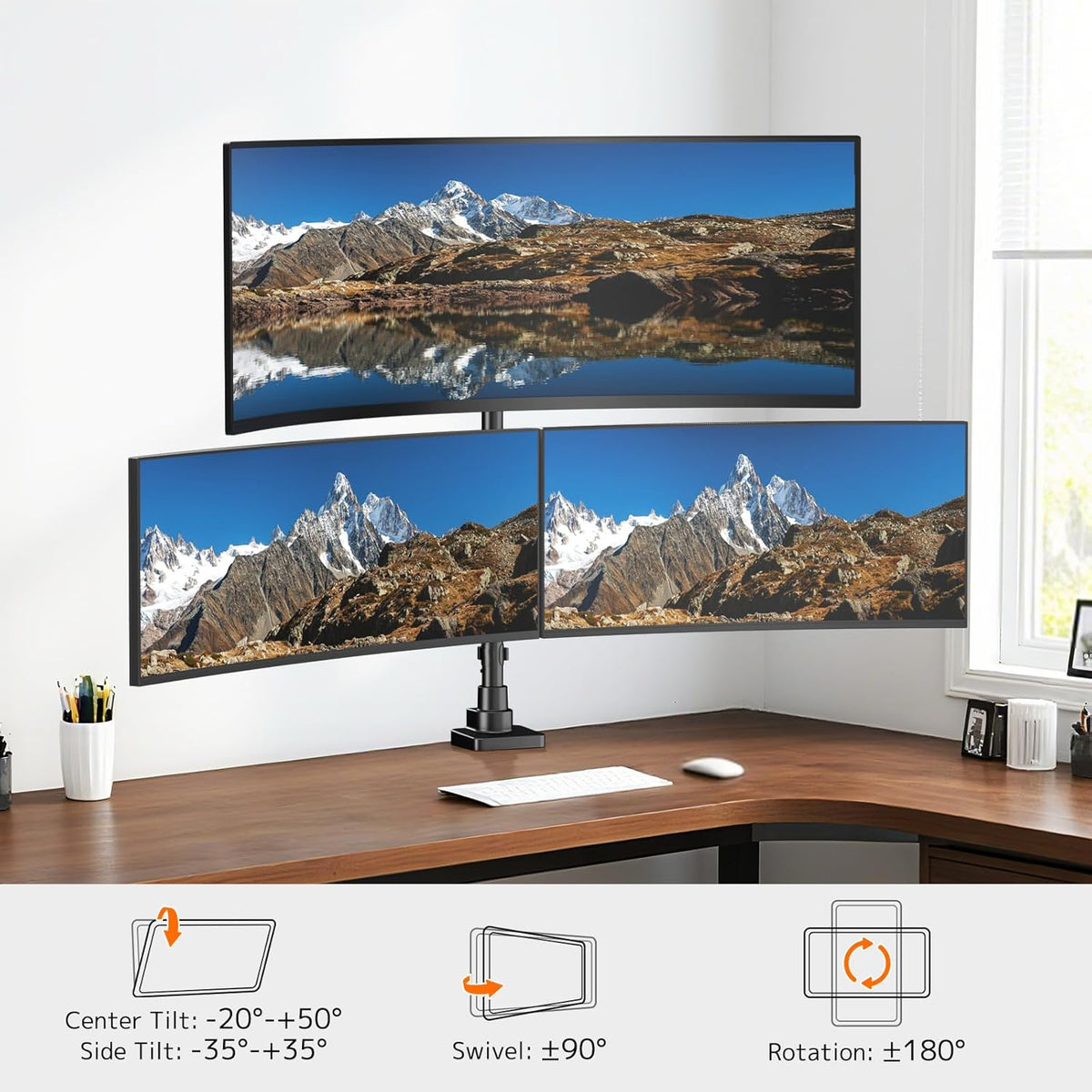Triple Monitor Mount up to 49 inches, Fully Adjustable Heavy Duty 3 Monitor Arm with Gas Spring, Desk Mount for 3 Screens, C-Clamp & Grommet Base, Holds 44 lbs, Black