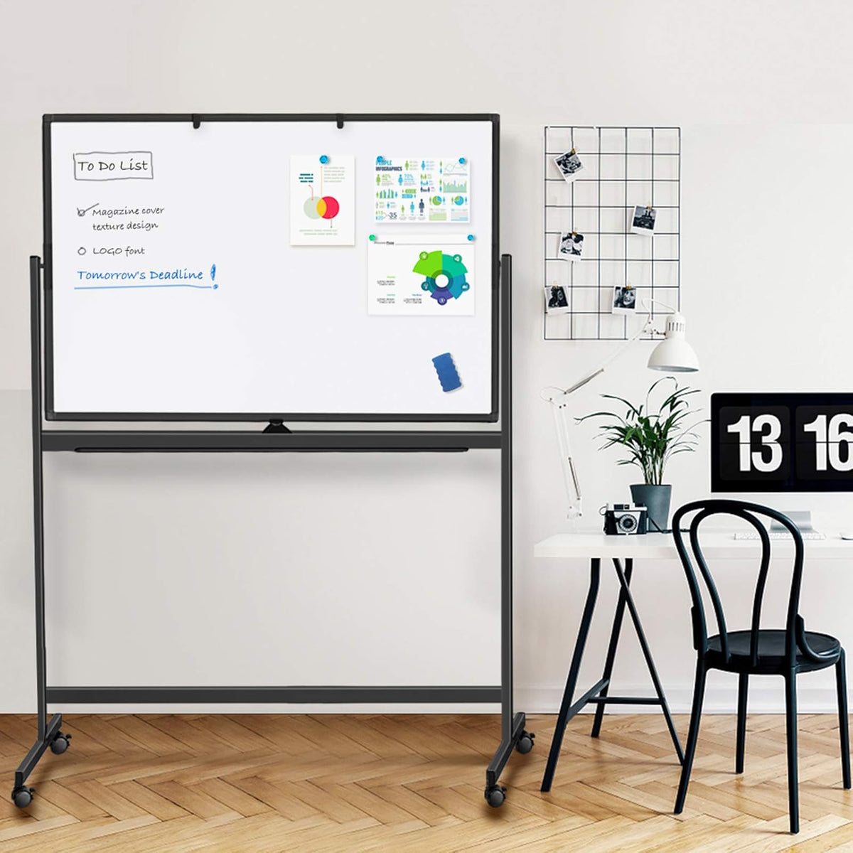 Maxtek Rolling White Board on Wheels 48x32 in, Double-Sided Magnetic Black