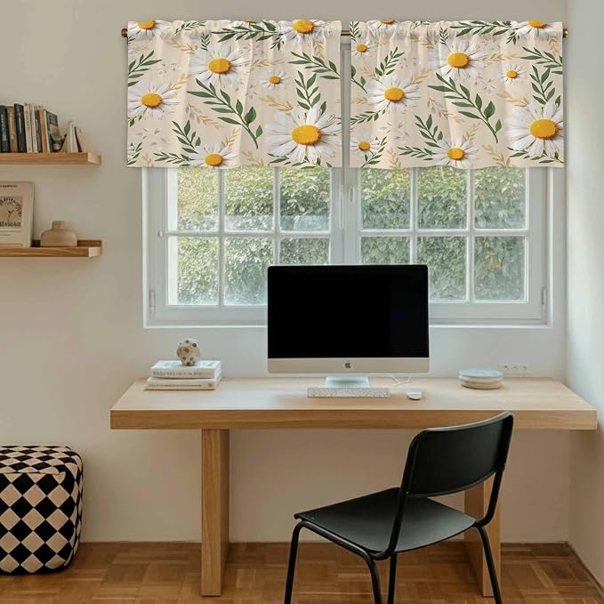Spring Daisy Tier Curtains, Country Watercolor Flower Leaf Plant Light