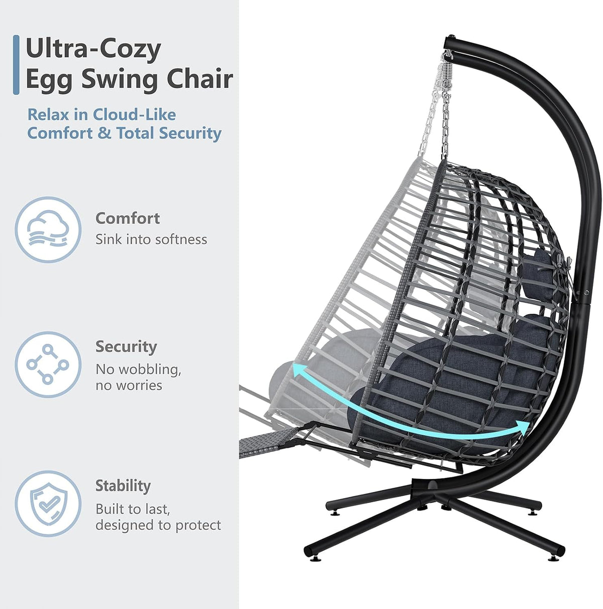 SWITTE Double Egg Chair Outdoor with Stand & Footrest, Patio Swing, Gray