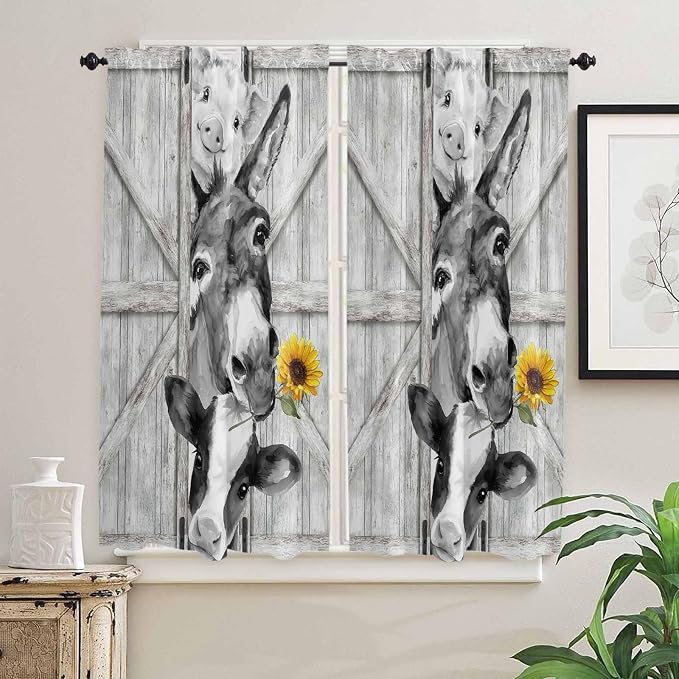 Grey Farmhouse Bedroom Curtains 63 Inches Length, Vintage Sunflowers Animals