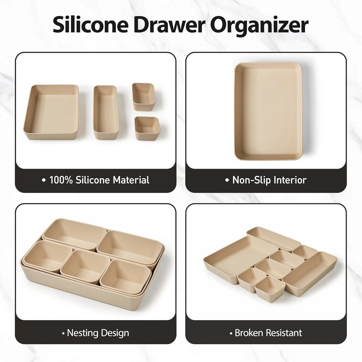 ISSEVE 8Pcs Silicone Bathroom Drawer Organizer Trays Set, 4 Sizes, Beige