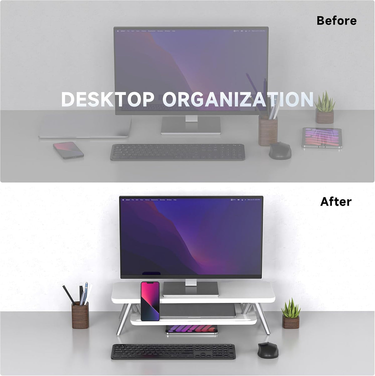 Fenge Monitor Stand Riser, Wooden Desk Shelf with 2-Tier Storage