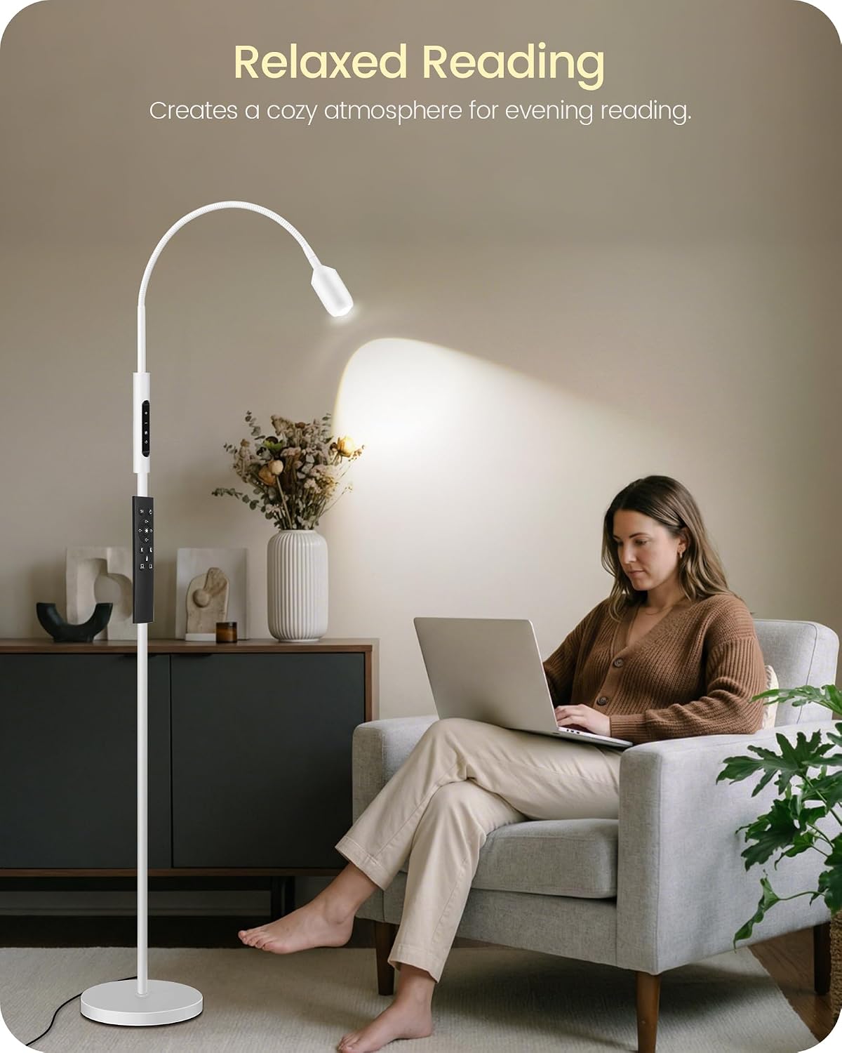 Reading Floor Lamp, 74.2" Tall LED Lamp, with 360° Flexible Gooseneck & Touch & Remote Control, Ajustable Color & Beam, Crafts Standing Lamp, for Reading, Task Craft, Living, White WW16LD05