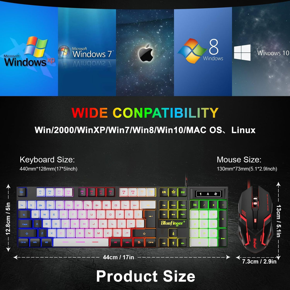 BlueFinger RGB Gaming Keyboard and Backlit Mouse Combo, USB Wired, LED Gaming Set for Laptop PC Computer Game and Work (Black & White)