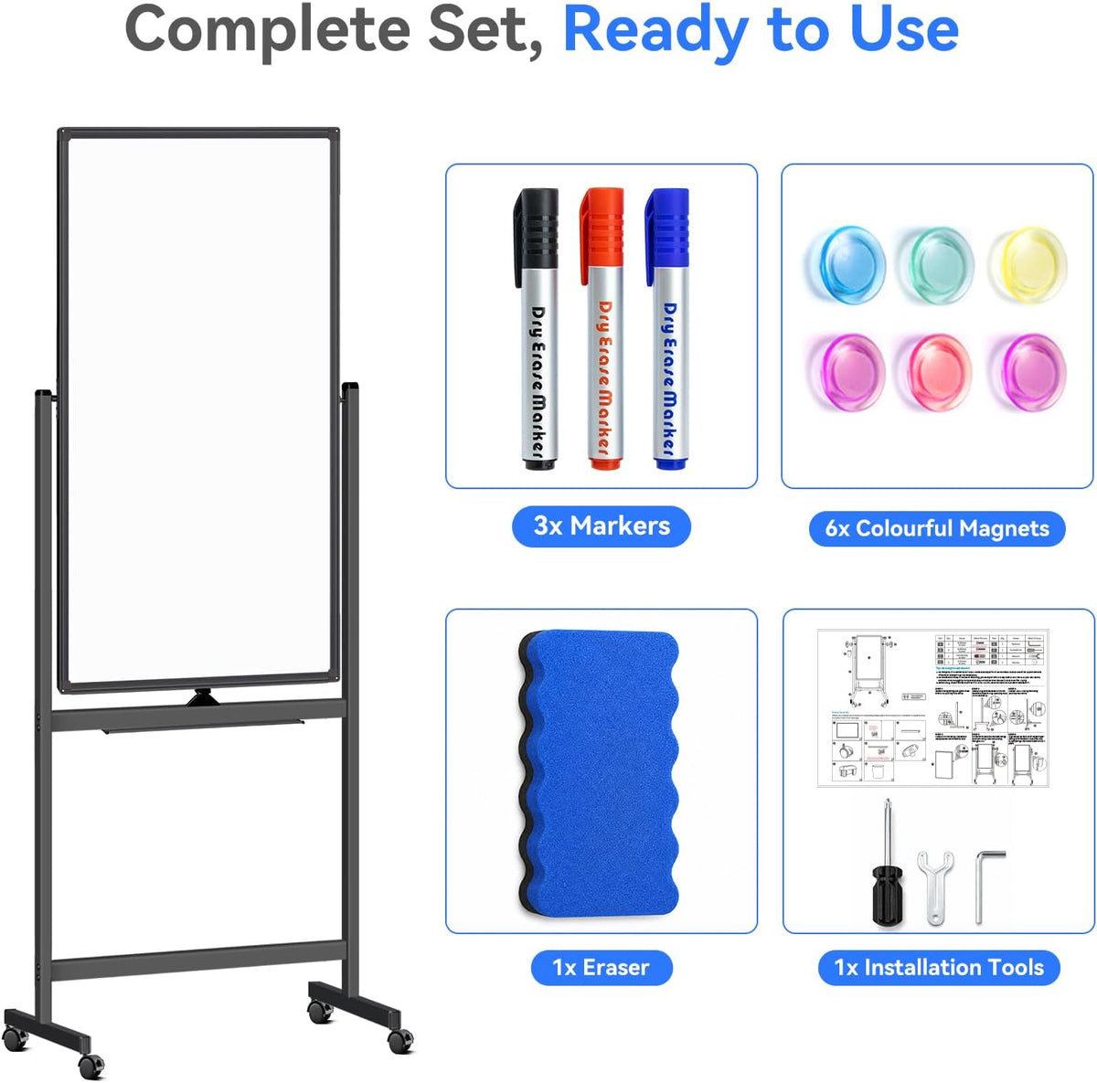 Maxtek Magnetic White Board on Wheels 40x24 Black Mobile Double-Sided Board