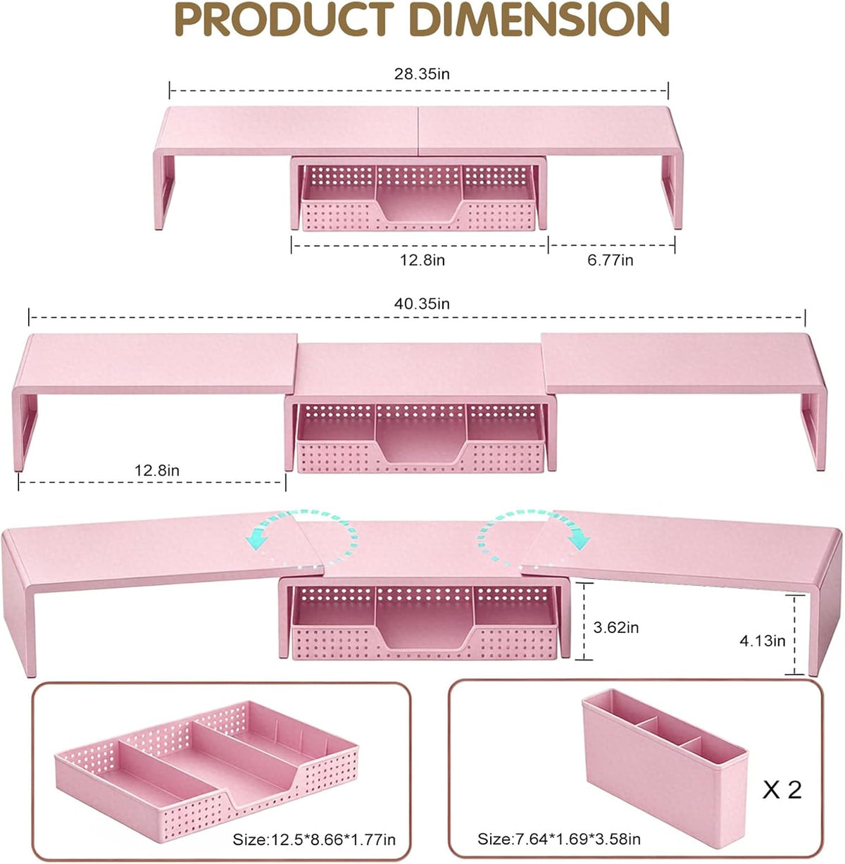 LEKETREE Dual Monitor Stand Riser with Drawer and 2 Pen Holders, Pink