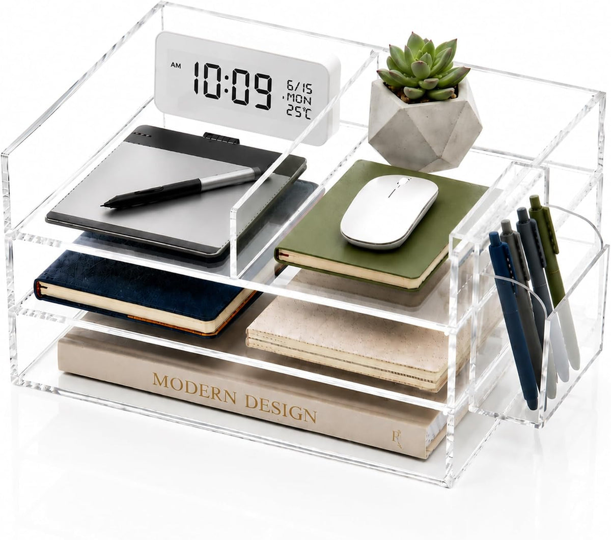Clear Acrylic Desk Organizer with Pencil Holder – Paper Tray Office Storage