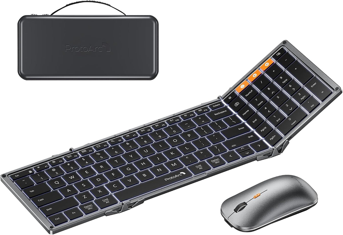 ProtoArc XKM01 Pro Backlit Foldable Keyboard and Mouse, Full Size, Gray