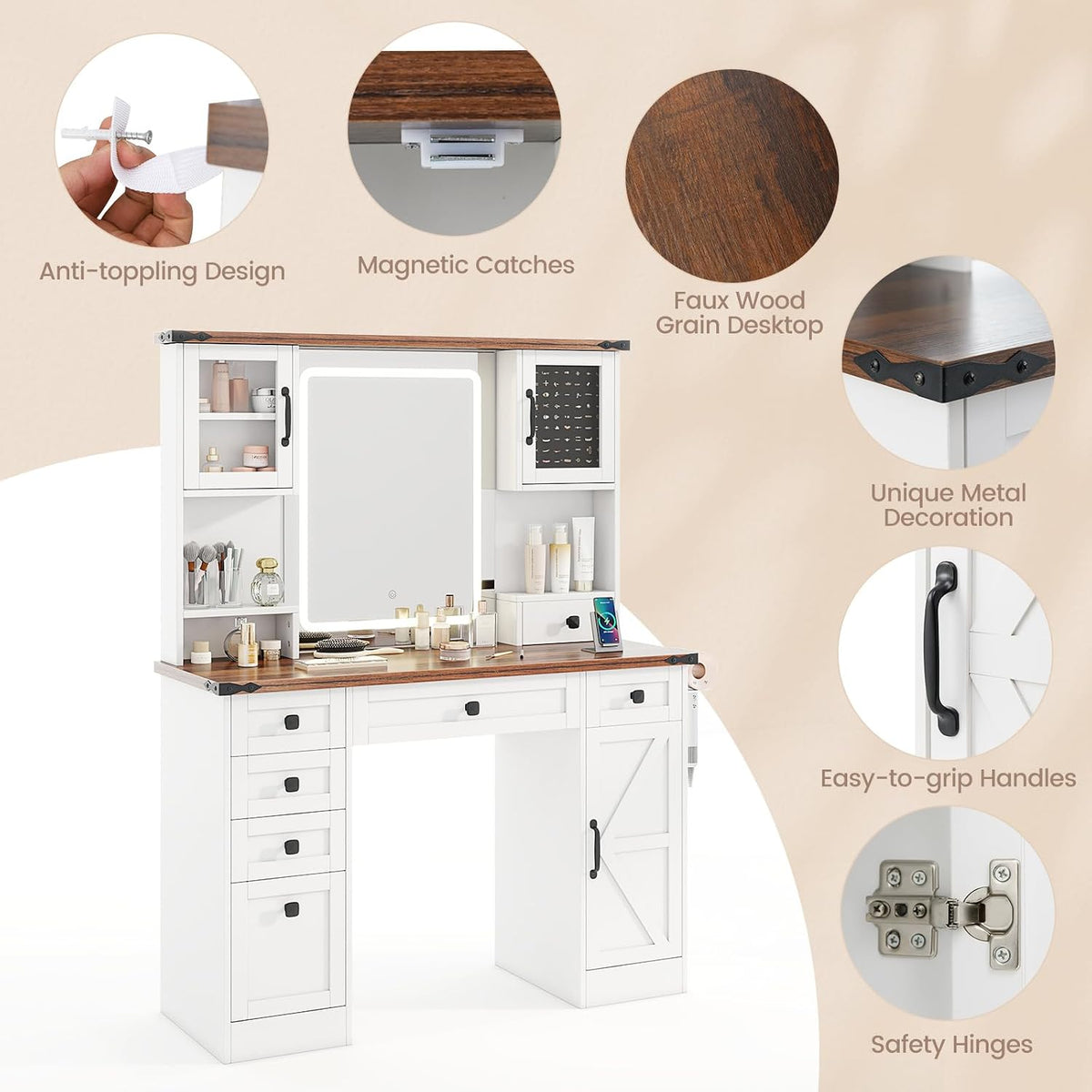 CHARMAID Farmhouse Vanity Desk with Lighted Mirror & 7 Drawers, 45 inch Makeup Vanity Table with Charging Station, Jewelry Organizer, Storage Cabinets & Shelves, White Dressing Table for Bedroom