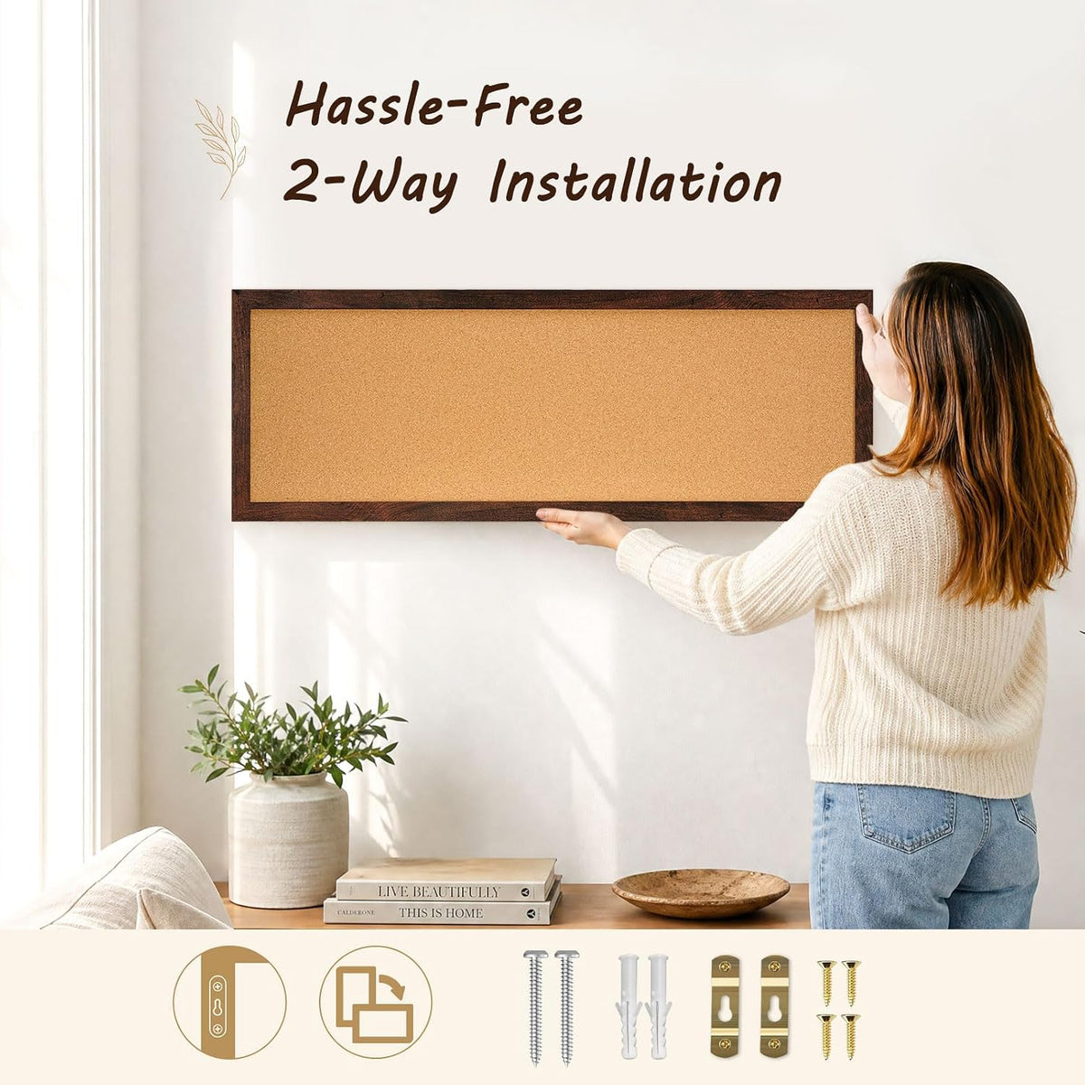 DOLLAR BOSS Narrow Linen Bulletin Board 36"x12" Long Cork Board, Brown