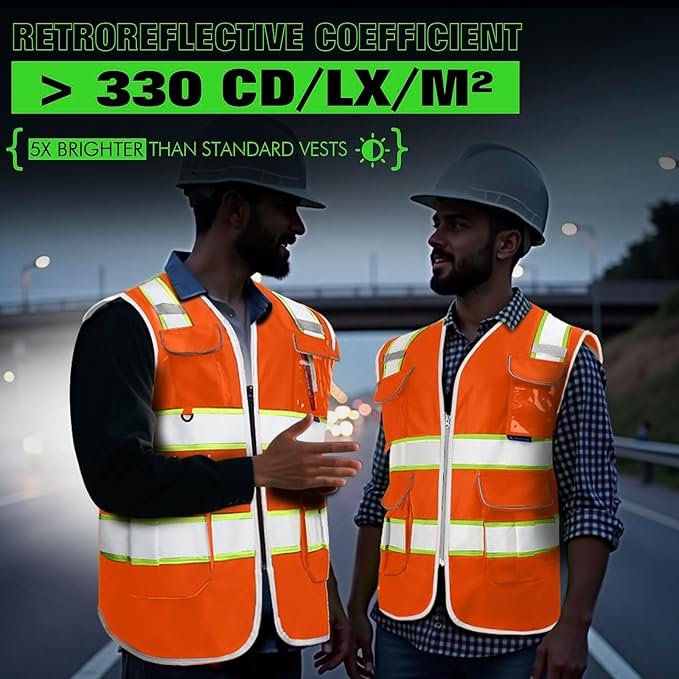 BeautyWill 5Pack Custom Logo Safety Vest 8 Pockets Class2 ANSI Certified High Visibility Reflective Vest for Men - Personalized Logo Heavy-Duty Work Vest（Orange，XXL）