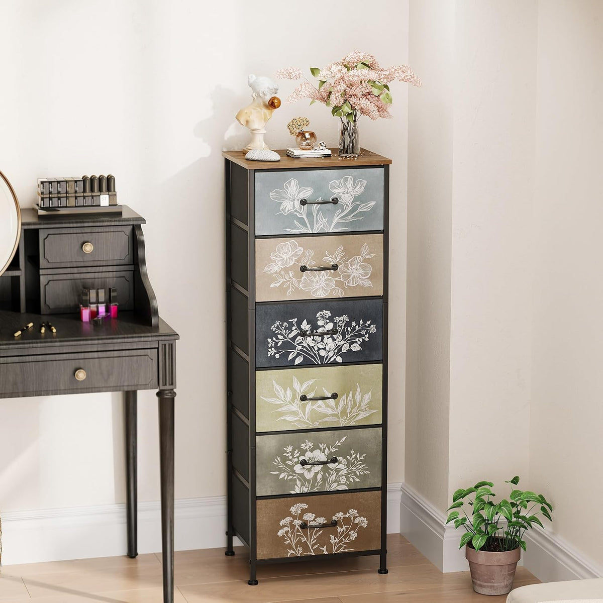 Tohomeor Vintage Dresser Vertical Nightstand with Neutral Botanical Plant Fabric Chest Drawers for Closet Bathroom Storage Tower Unit Bed Side Organizer Farmhouse Rustic (Rustic Brown, 6 Drawers)