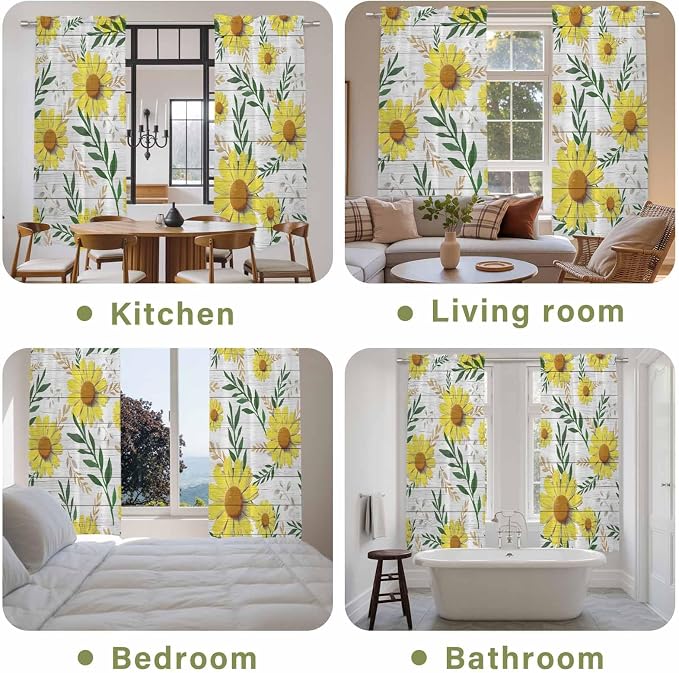 Yellow Daisy Kitchen Curtains, Farmhouse Country Flower Leaf Plant Wood Grain
