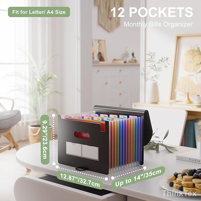 ThinkTex Accordion File Organizer, 12 - Pocket Expanding File Folders for Paper Receipts, Bills&Taxes Organizer, Letter/A4 Size Document Holder for School, Office, Home with Colorful tabs- Black