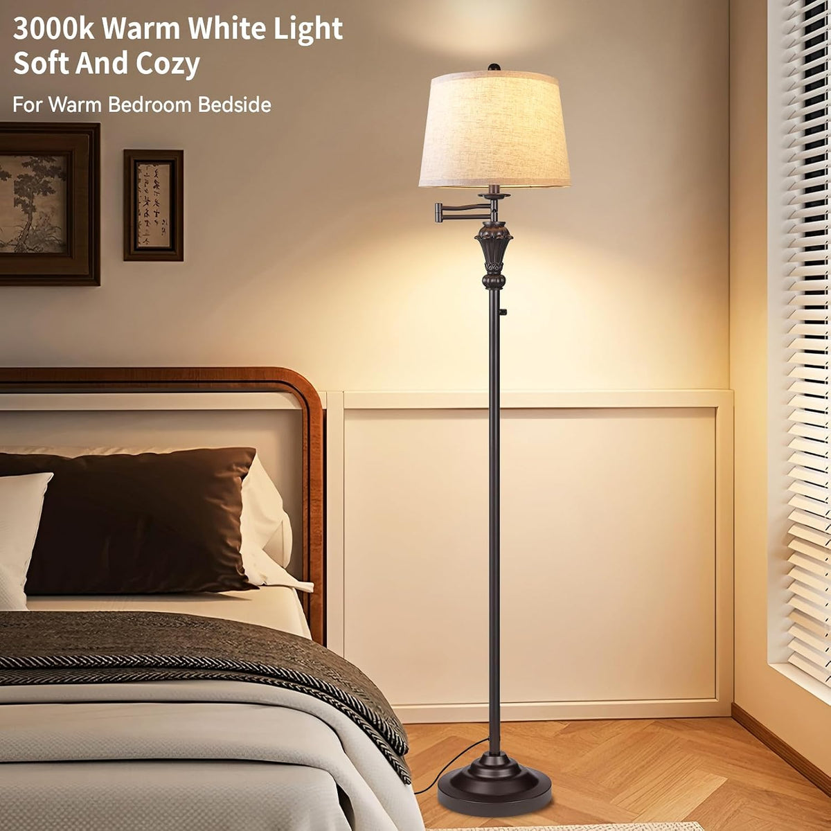 Dimmer Vintage Floor Lamp,Tall Standing Lamp with Adjustable Swing Arm,Brown Rustic Pole Lamps with Dimmer LED Bulb,Farmhouse Floor Lamps for Living Room Decor & Bedroom Office Reading