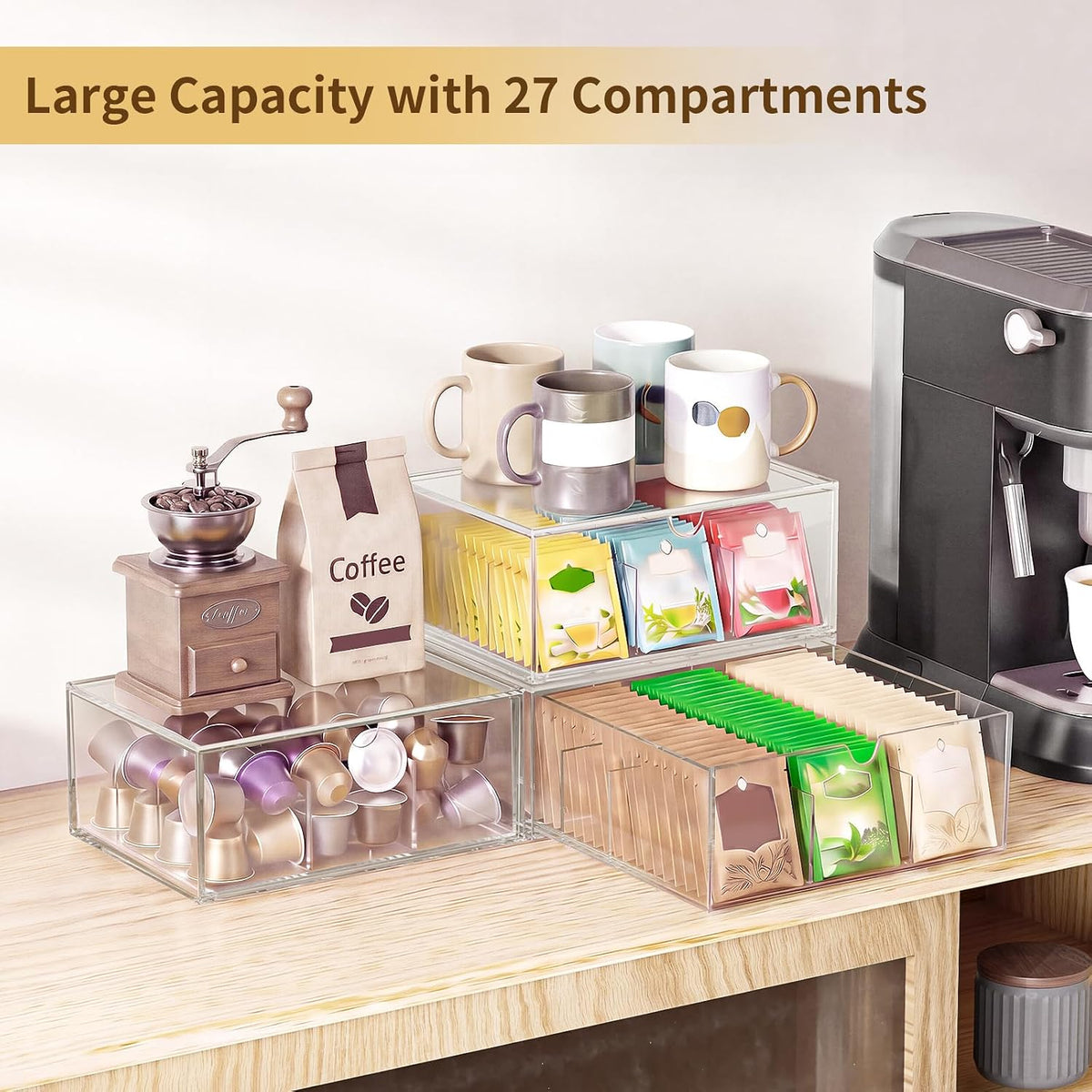 3 Pack Clear Tea Bag Organizer Drawer, Stackable Tea Storage Chest with Dividers for Kitchen, Pantry, Bathroom, Vanity, Countertop – Multi-Purpose Coffee, Cosmetic, Jewelry, Craft Acrylic Storage Bins
