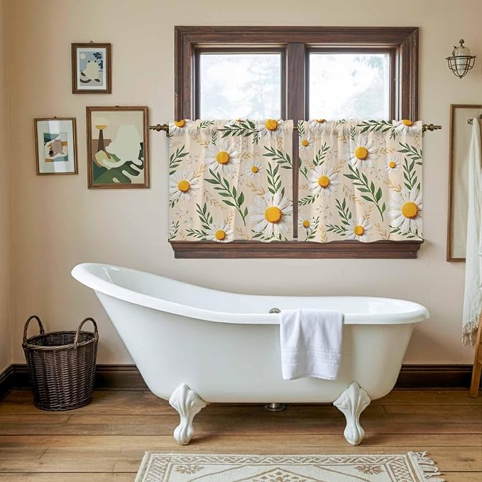 Spring Daisy Tier Curtains, Country Watercolor Flower Leaf Plant Light