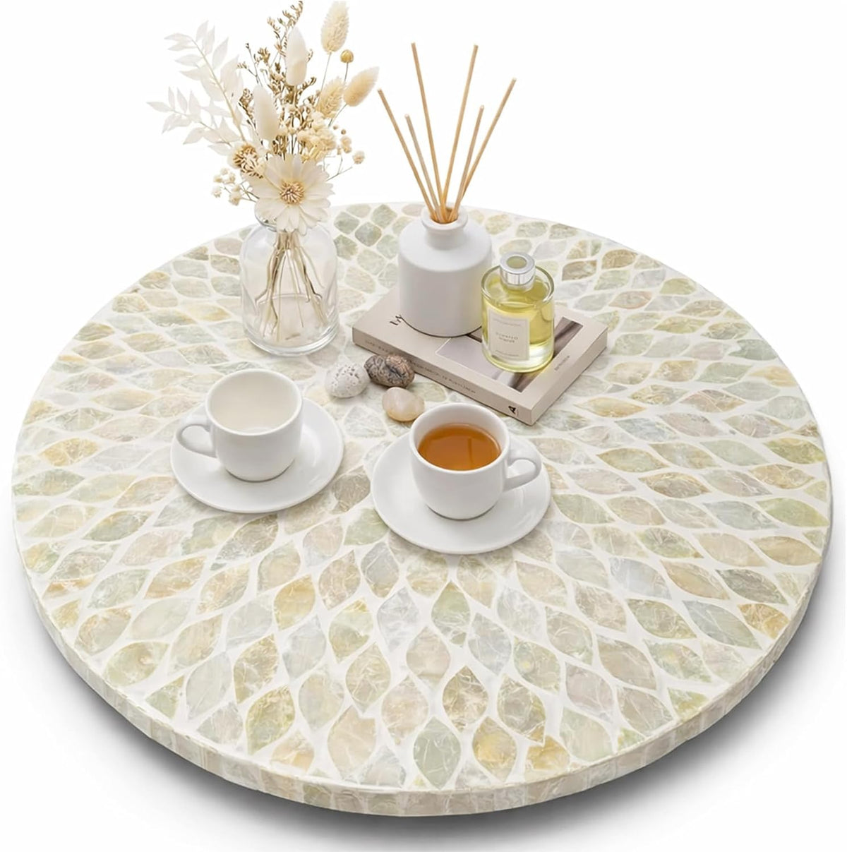 16 Inch Mother of Pearl Lazy Susan for Table Top, White Boho