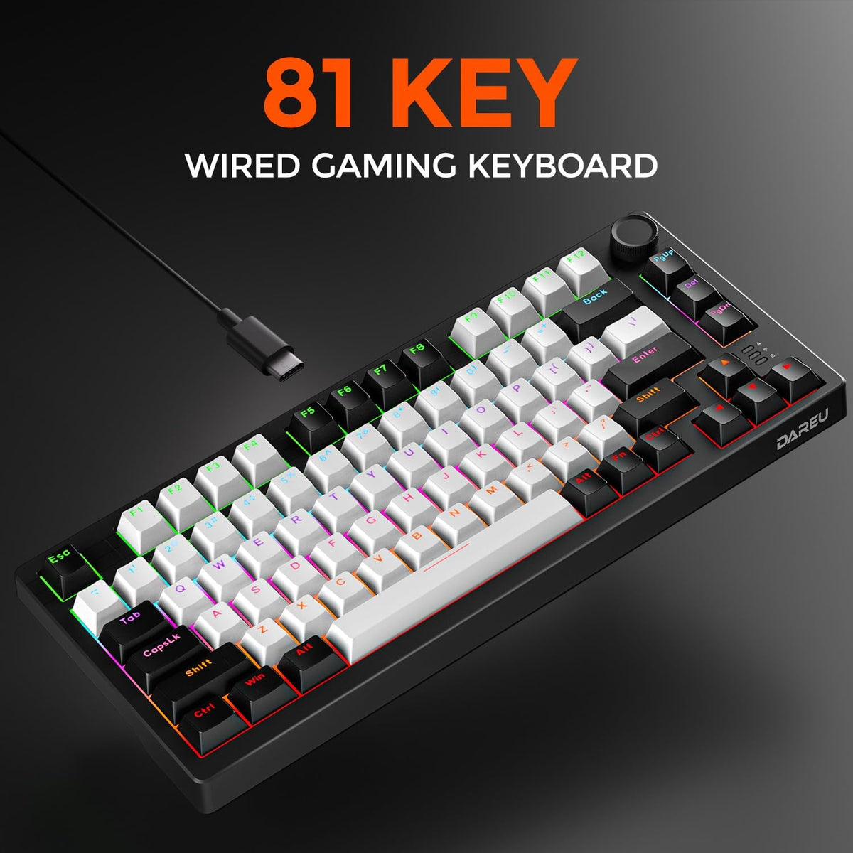 DAREU EK75 Wired Mechanical Keyboard,75% Keyboard with Volume Knob,Gasket Mount Mechanical Gaming Keyboards,81 Keys Rainbow Backlit,PBT Keycaps,Linear Dream Switch for PC Laptop Windows(Black-White)
