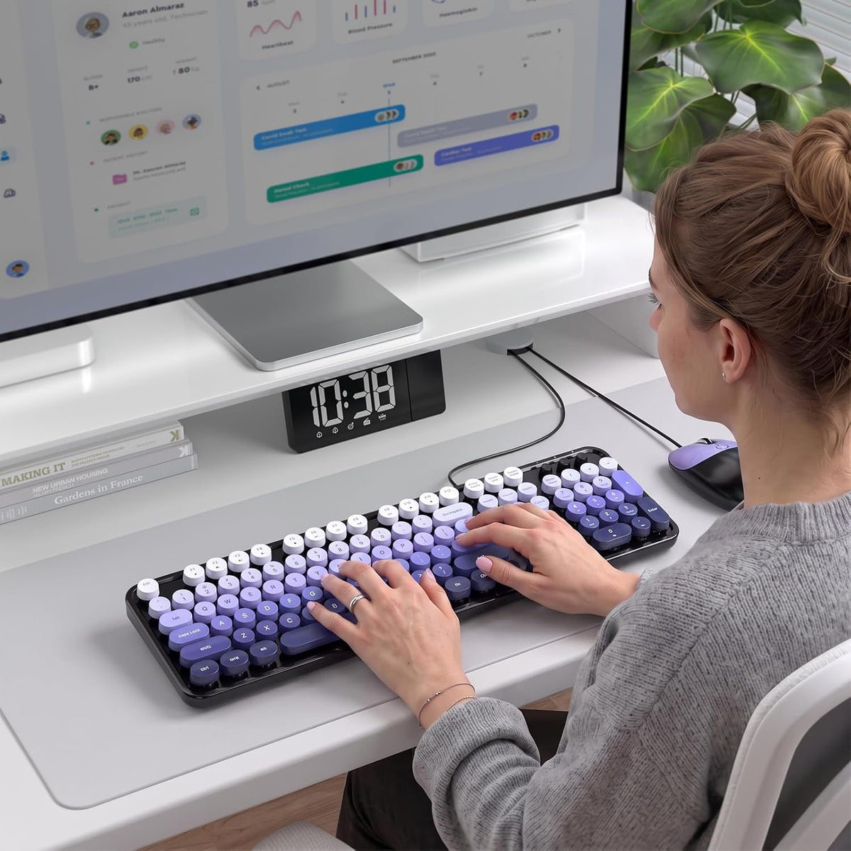MOFII Wired Retro Typewriter Keyboard and Mouse Combo, Full Size USB Plug & Play for Windows PC Laptop- Black Purple