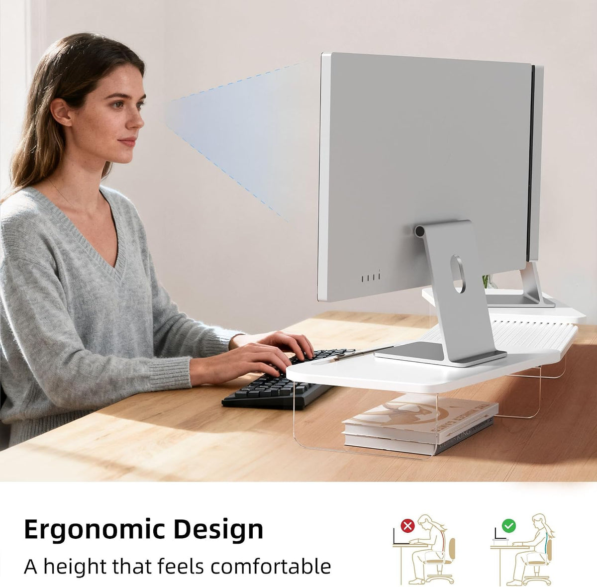 AFOOYO LED Dual Monitor Stand Riser for 2 Monitors,Office Desktop Wooden Stand Adjustable Length and Angle 3 Shelf (White)