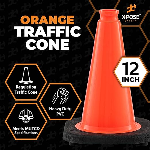 Xpose Safety 12 Inch Orange Traffic Cones, 4-Pack - Multipurpose PVC Plastic Safety Cone for Parking, Soccer, Caution, Kids and Construction - DOT Approved