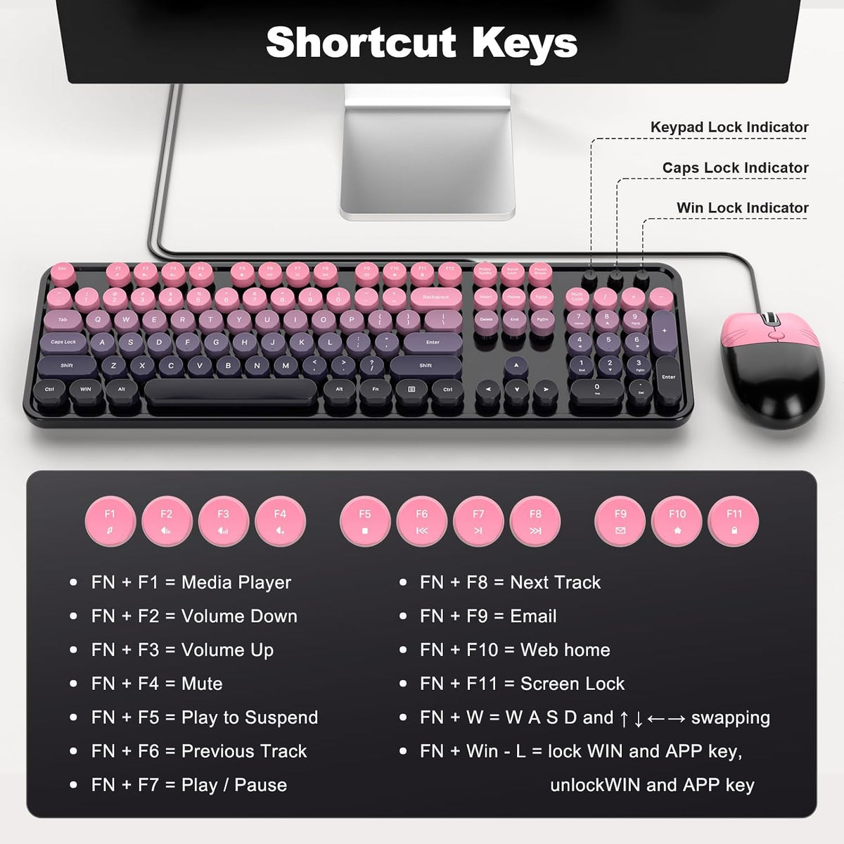 MOFII Wired Retro Typewriter Keyboard and Mouse Combo, Full Size USB Plug & Play for Windows PC Laptop- Plum Pink Gradient