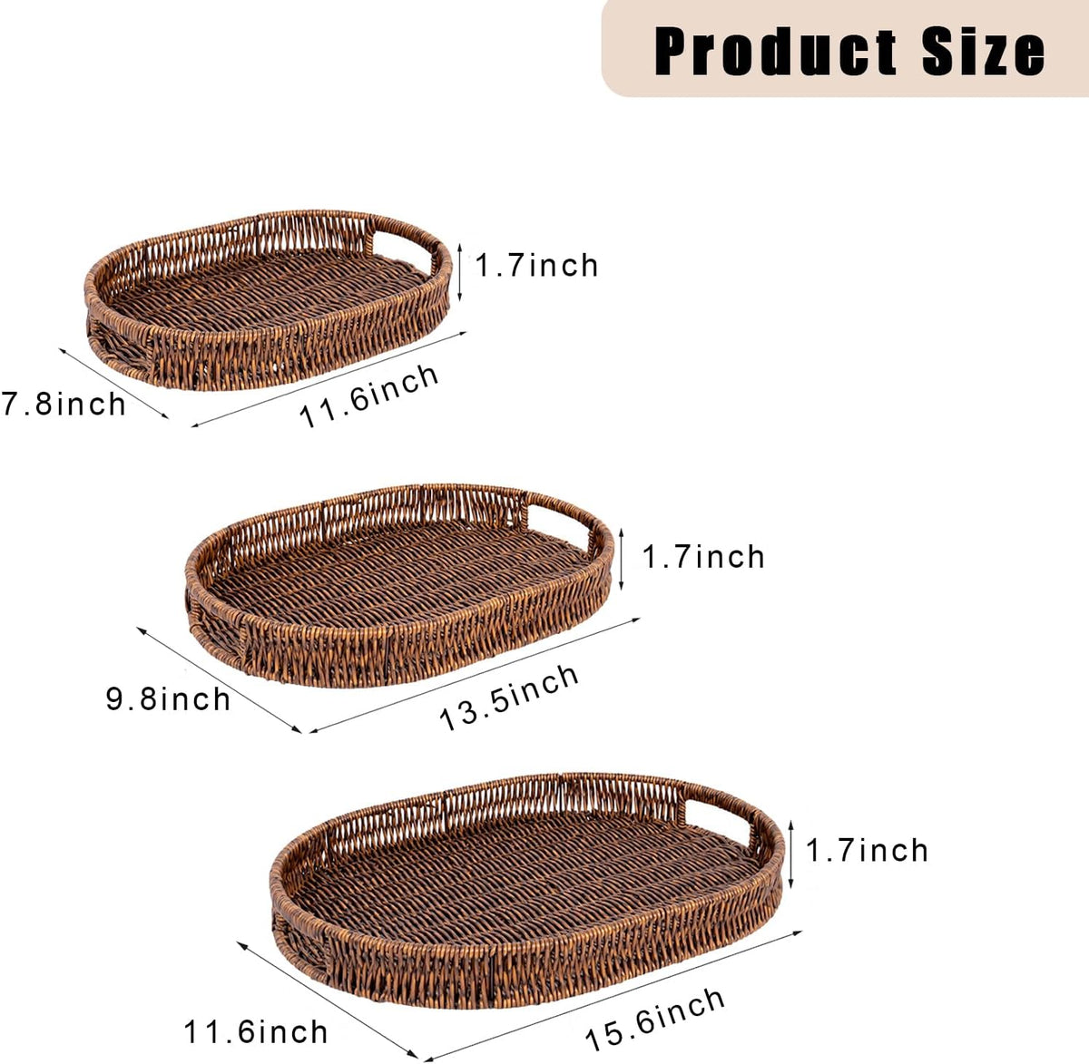 Set of 3 Serving Tray for Foods & Drinks, Faux Rattan Trays with Handles, Wicker Tray Handwoven Organizer Baskets Storage Decorative Coffee Table Brown