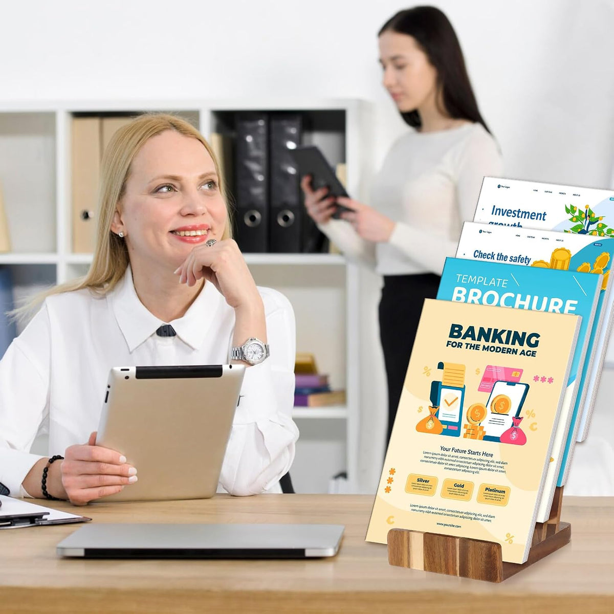 2 Pack 4 Tier Acacia Wood Brochure Holder Stand 6 x 9 inchLiterature Holder Flyer holder for 5.5 x 8.5 inch 5 x 7 inch Booklets Pamphlets Menus Magazines Multi Purpose Organizer