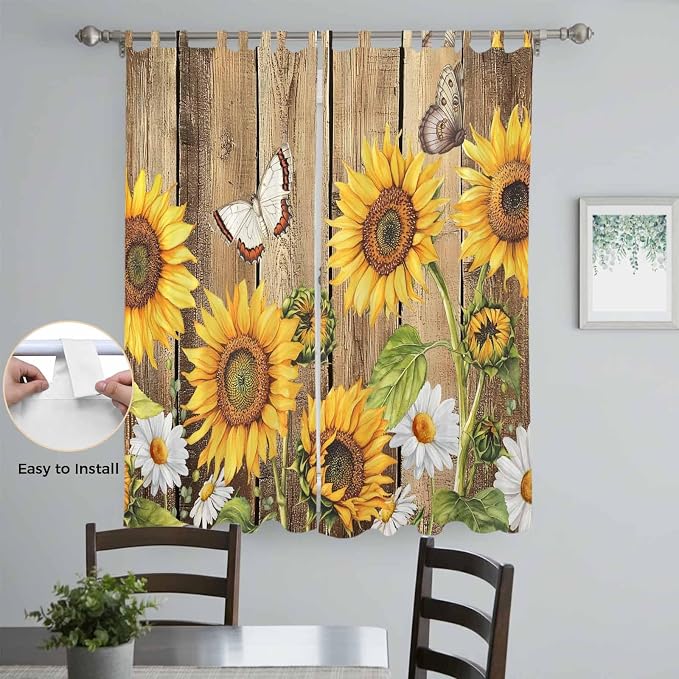 Farmhouse Sunflowers Living Room Curtains 96 Inch Length, Window Curtains Tab