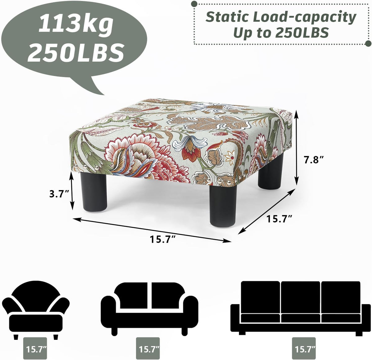 Joveco Small Foot Rest Stool Ottoman, 15" Fabric Square Footstool Upholstered Footrest for Chair, Under Desk, Office, Living Room, Boho Floral