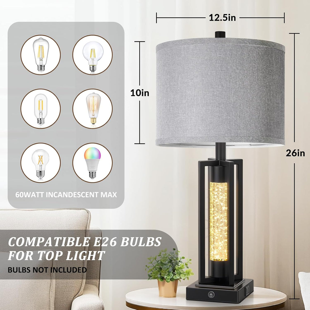 TOBUSA 26" Black Farmhouse Table Lamps Set of 2 with Crystal Night Light