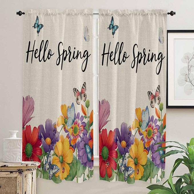 Spring Flowers Living Room Curtains 72 Inches length, Farmhouse Vintage Country