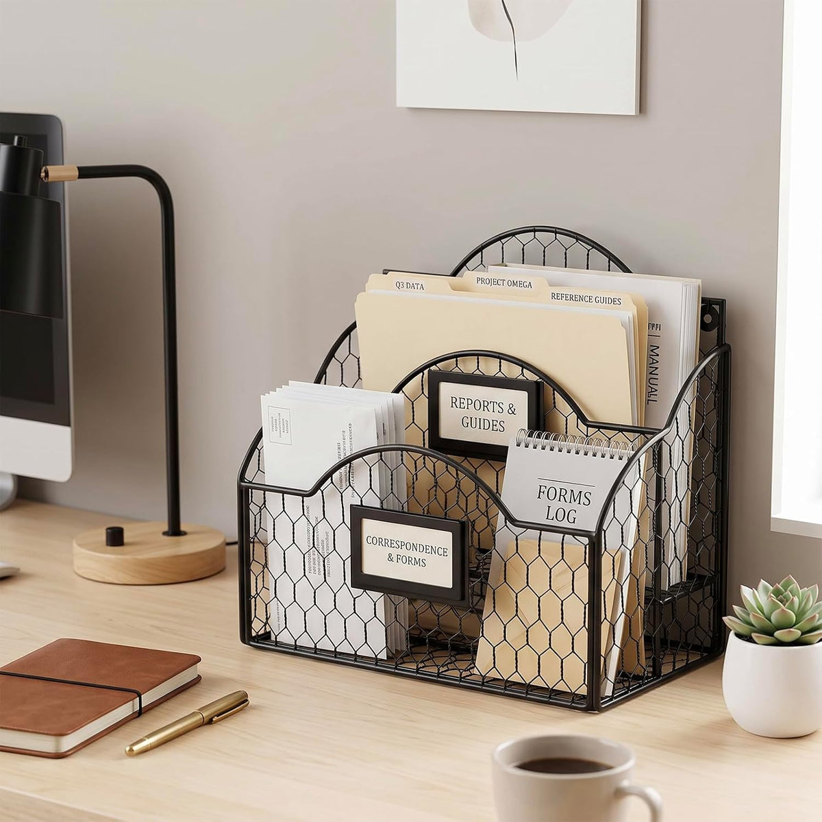 MyGift Black Mail Organizer, 2 Compartment Desk File Holder with Labels