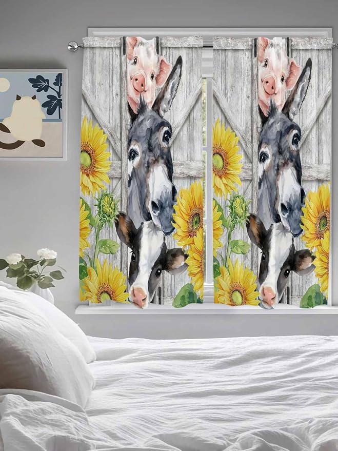 Farmhouse Bedroom Curtains 63 Inches length, Watercolor Sunflowers Animals