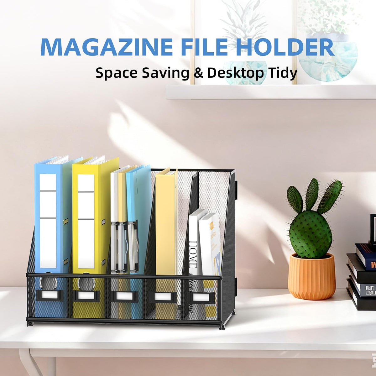 5 Vertical Compartments Magazine File Holder, Metal Binder Organizer, Black