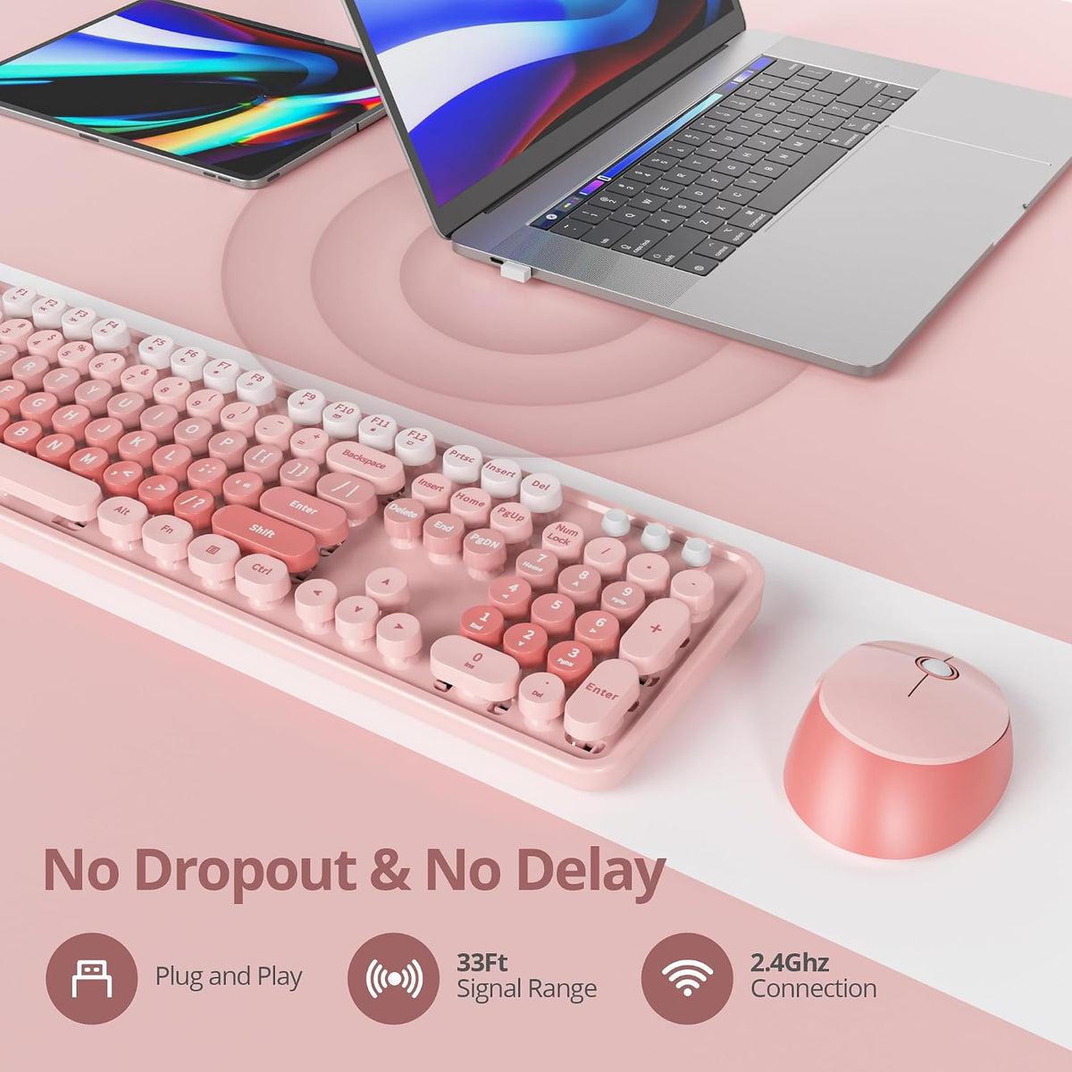 Wireless Keyboard Mouse, SbocKeeb Retro Typewriter Cute Keyboard Pink