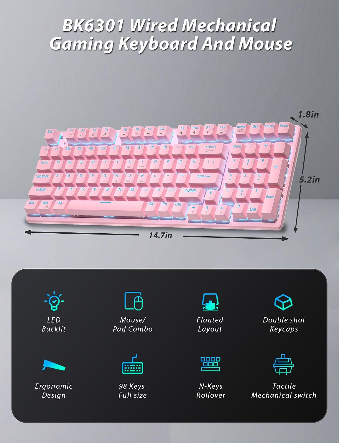 Mechanical Gaming Keyboard and Mouse, LED Backlit 98-Key Floating Keycap & 4 DPI RGB Gaming Mouse with Mouse Pad, Full Anti-Ghost Light Up Wired Computer Keyboards for MAC PC Gamer Accessories, Pink