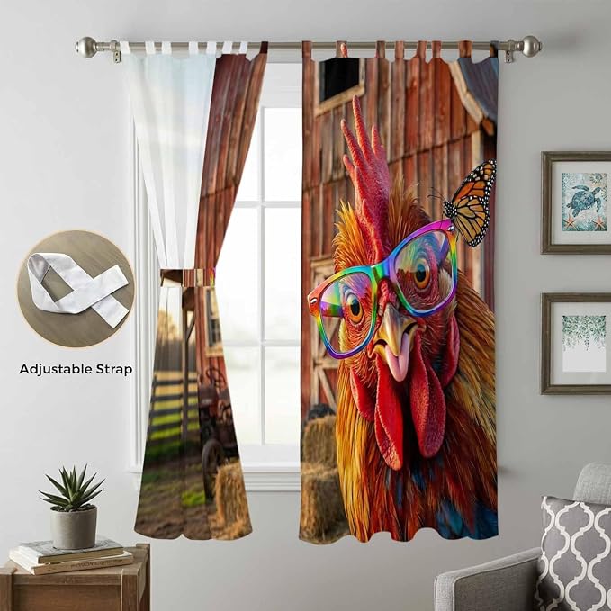 Farm Rooster Living Room Curtains 96 Inch Length, Window Curtains Tab Top