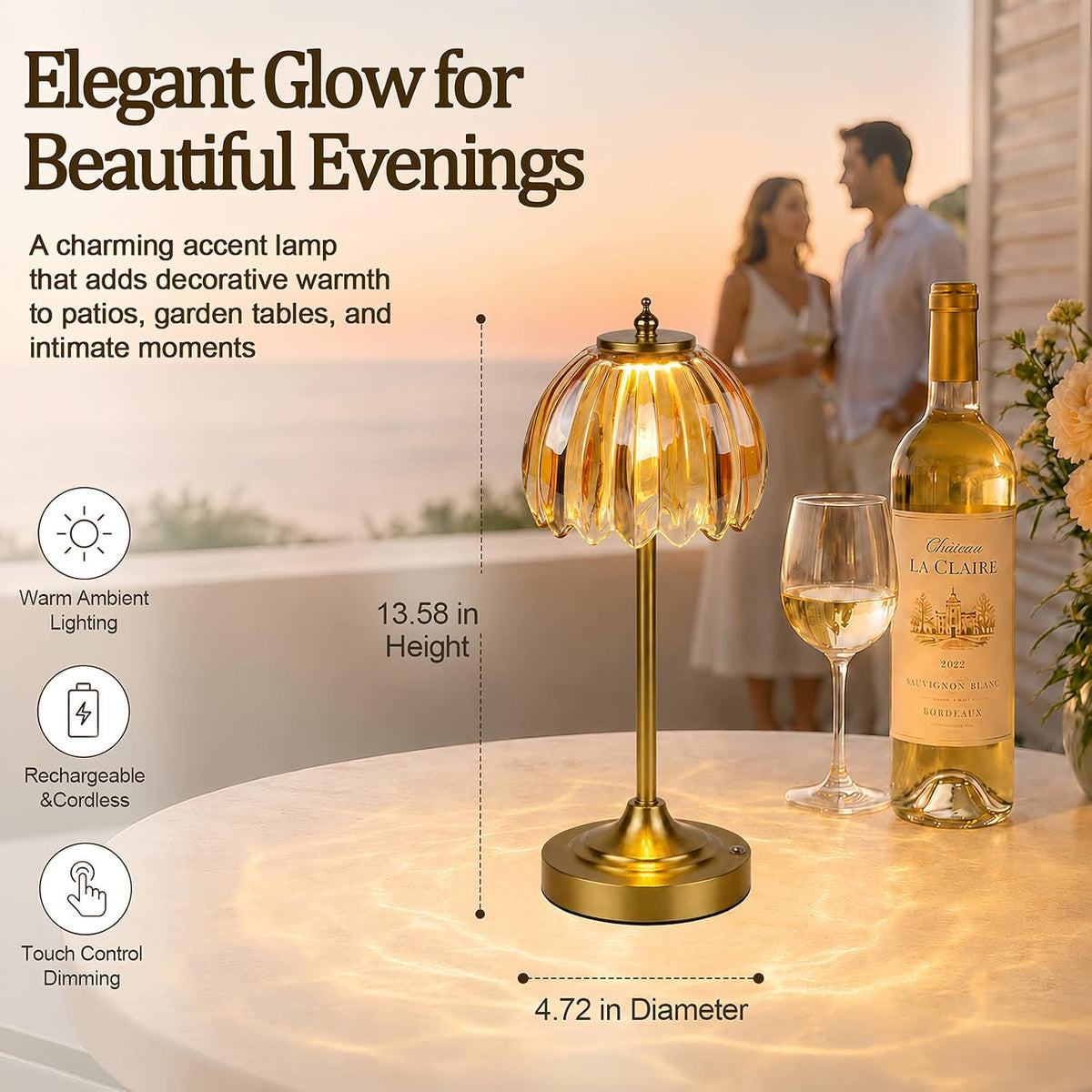 Rechargeable Cordless Table Lamp, 3 Color Temps & Stepless Dimming
