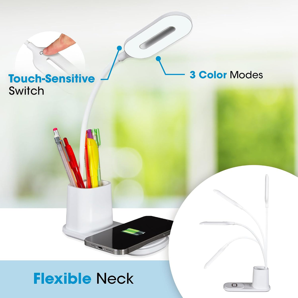 OttLite Organizer LED Desk Lamp with Wireless Charging, White