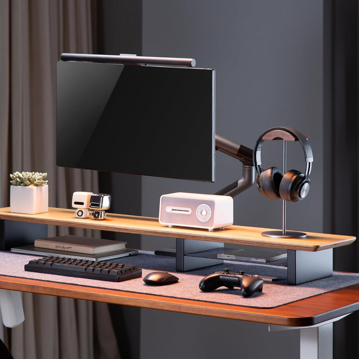XL Oak Wood Monitor Stand for Desk (44 Inch) Large Monitor Stands for 2 Monitors, Desk Shelf for Top of Desk